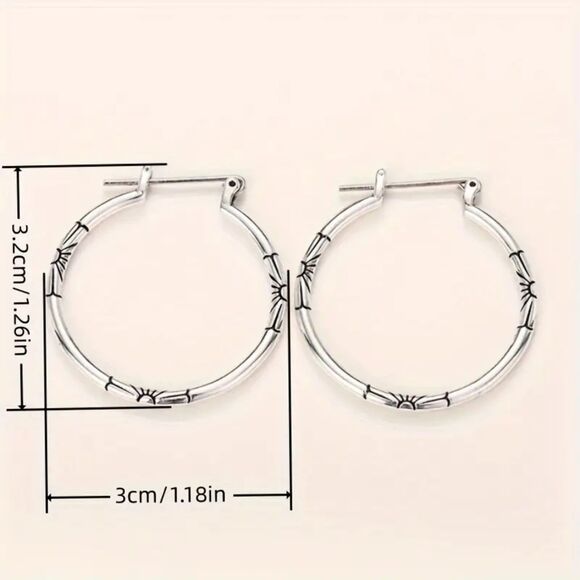Silver Carved Skinny Hoop Earrings Delicate Flower Retro Etched Classic Thin New - Picture 4 of 7